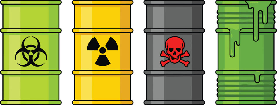 Toxic chemical waste barrel icon set featuring biohazard radiation radioactive nuclear skull and leaking sludge drums