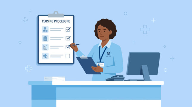 Nurse Checking Closing Procedure List on Clipboard at Desk with Computer