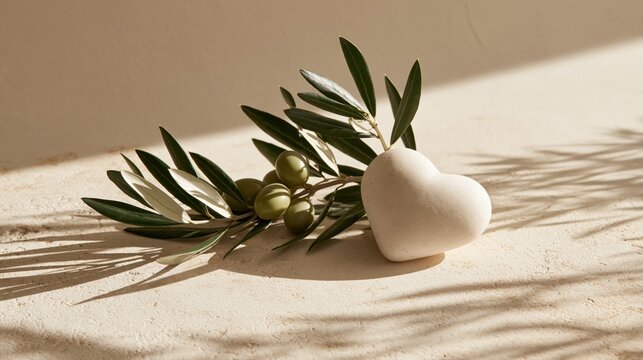 Natural soap bar shaped like heart with olive branch and green olives on neutral surface