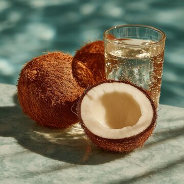 Coconut halves and glass of water on marble surface by pool