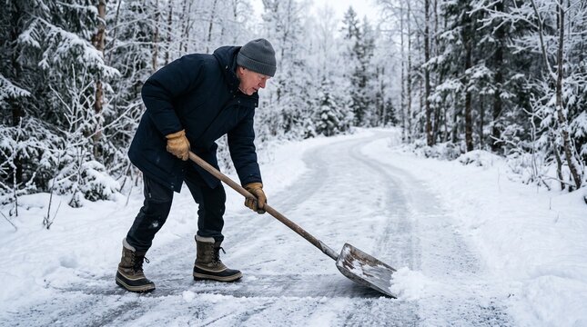 Man shoveling snow on a winter forest road clearing ice and snow from the path