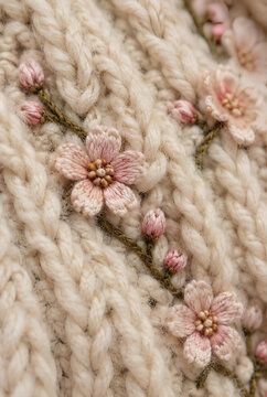 Cream Knit Texture with Embroidered Pink Cherry Blossoms and Buds