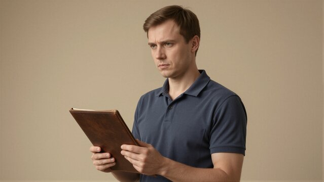A man in a navy blue polo shirt examines a brown leather-bound notebook against a plain beige studio background.