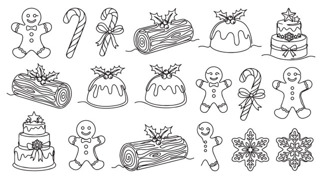 Festive Christmas desserts continuous line art illustration set featuring gingerbread candy canes and yule logs on white