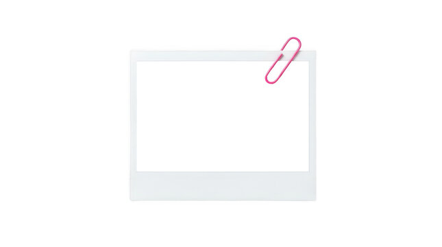 Blank instant photo frame with paperclip isolated on transparent background