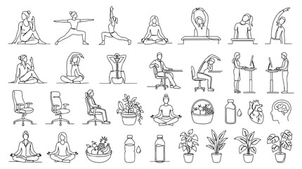 Obraz premium Workplace Wellness and Office Yoga Minimalist One Line Drawing Set
