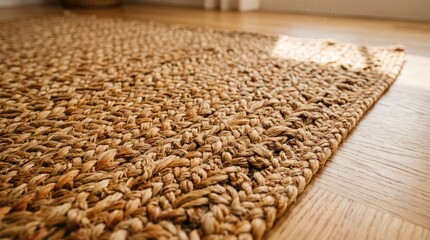 Obraz premium Woven jute rug texture resting elegantly on polished wooden flooring during a warm sunny afternoon glow