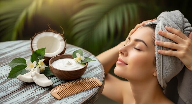 Coconut Hair Mask Ritual: A serene woman enjoys a soothing coconut hair mask treatment, with fresh coconuts and natural ingredients presented on a rustic table, surrounded by lush tropical foliage.