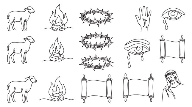Minimalist continuous line drawing collection of biblical prophet symbols and suffering servant icons including lamb crown of thorns and scroll