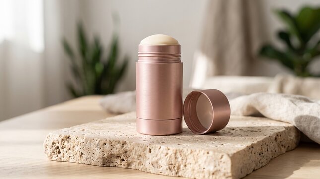 Natural organic deodorant or balm stick in pink bottle on travertine stone platform