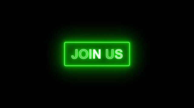 Join us neon sign animation with glowing arrows, digital call to action button for social media and marketing campaigns