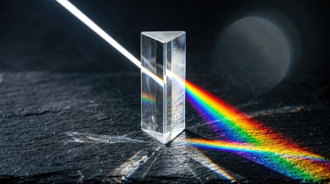 Transparent triangular glass prism splitting white light into vibrant rainbow spectrum on dark textured stone surface