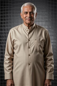 A traditional Indian man stands confidently in a studio setting, exuding dignity and formality.