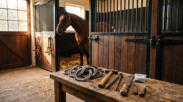 Horse looking out of stable with grooming tools on wooden table  