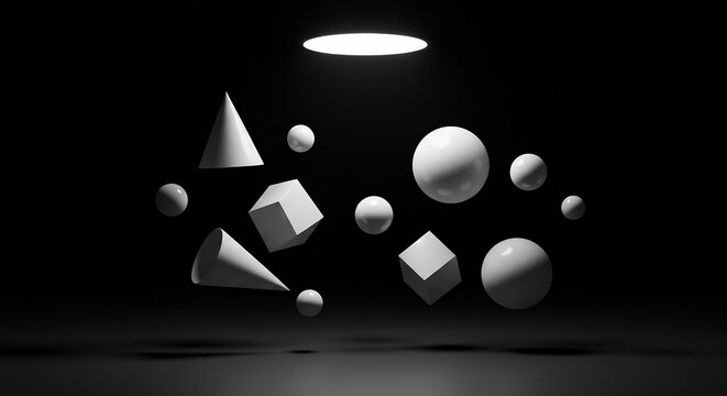 Geometric Abstraction: A collection of basic 3D geometric shapes - spheres, cubes, and cones - arranged artfully in a dimly lit space, illuminated by a single spotlight.