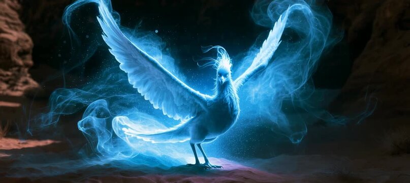 Legendary blue fire phoenix. Legendary mystical bird creature. Generative video AI technology.	
