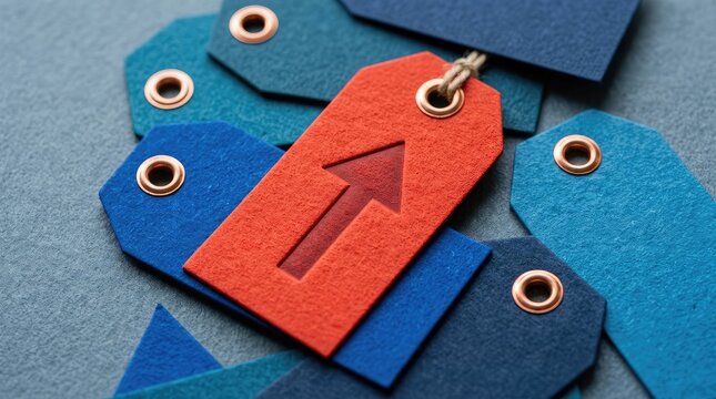 Bright orange paper tag with an upward arrow resting atop several blue textured shipping labels