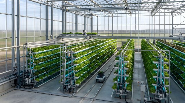 Automated Vertical Farming Greenhouse with Hydroponic Crop Production