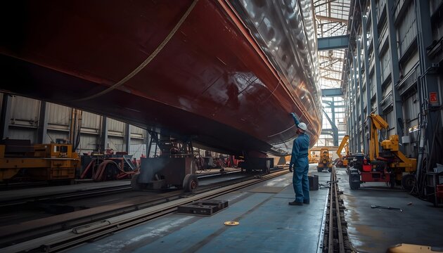 Shipwright Inspecting Hull Maintenance in a Commercial Dry Dock Shipyard.