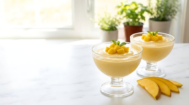Two glass bowls of sweet mango mousse dessert with fresh fruit topping on a bright kitchen table top. mango mousse recipe 