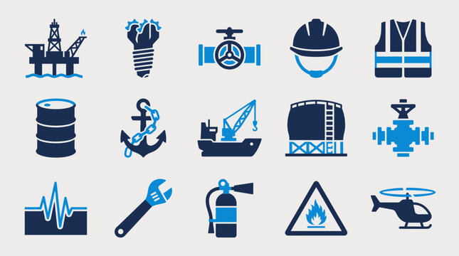 Offshore drilling and maritime industry icon collection featuring oil rig and nautical symbols industry maritime offshore drilling