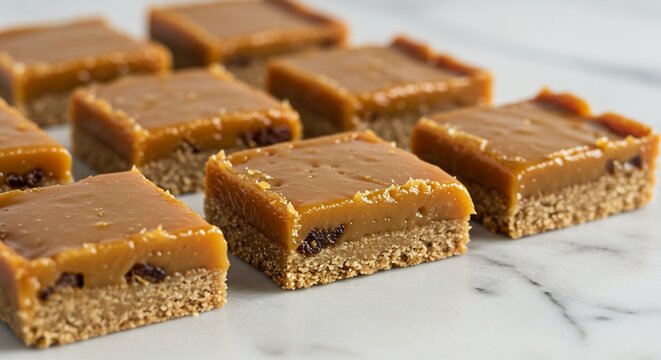 Caramel Square Delights: A close-up of perfectly cut caramel squares, showcasing their rich, layered texture and irresistible golden-brown topping, ready to be savored.