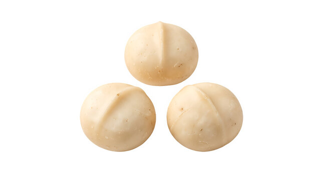 Macadamia nuts isolated on white background, group of three roasted macadamia kernels, organic raw nut seeds for healthy snack