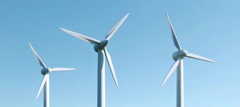 Three wind turbine. Renewable electricity energy. Generative video AI technology.	
