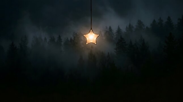 A solitary lantern illuminates a dark mysterious forest casting an ethereal glow amidst the towering trees and hinting at secrets hidden within the