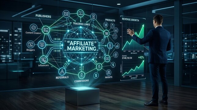 Business analyst examining affiliate marketing revenue growth holographic network visual blue.