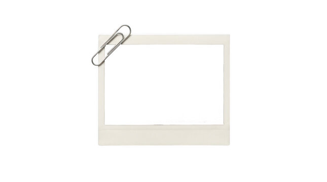 Blank instant photo frame with a metal paperclip isolated on transparent background