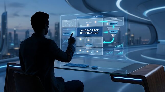 Professional digital marketer interacting with holographic landing page optimization interface blue.