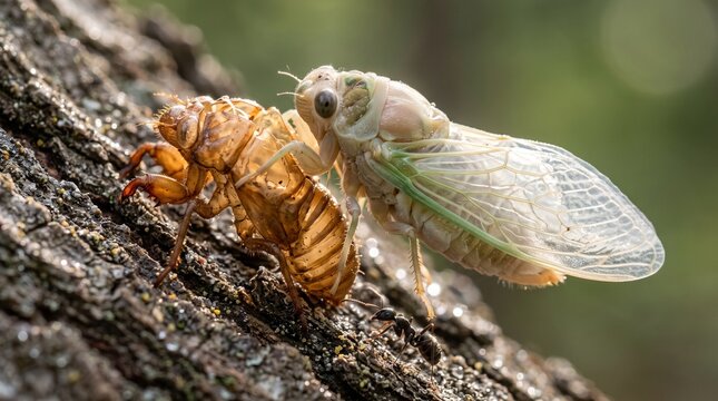 Cicada Emerging from Shell on Tree Bark in Natural Habitat