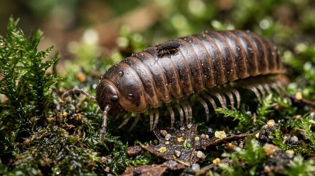 Close-up of a millipede crawling on mossy forest floor