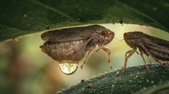 Close-up of two leafhoppers under a leaf with water droplet