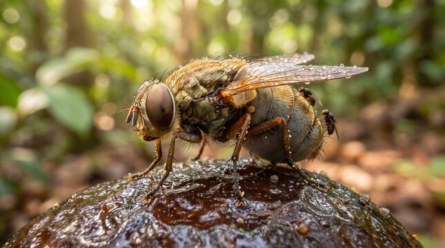 Close-up of a fly on a wet fruit in natural forest setting