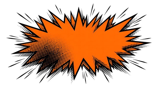 Comic speech bubble in orange with halftone texture and sharp jagged edges for dynamic graphic designs.
