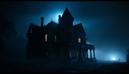 Obraz premium Shadowy gothic mansion with distant mysterious light