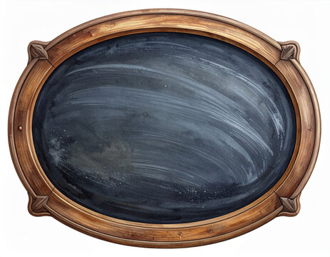 丸型の木製フレーム付き黒板のイラスト（ヴィンテージ風）/Round chalkboard with wooden frame isolated on white background