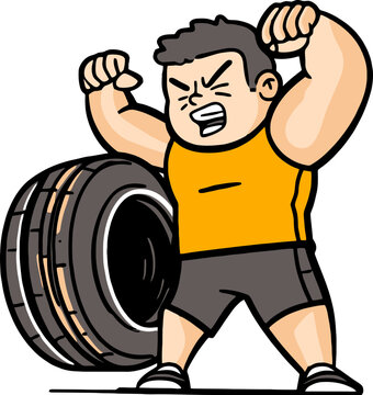 Cute Strong Man Pushing Heavy Tire