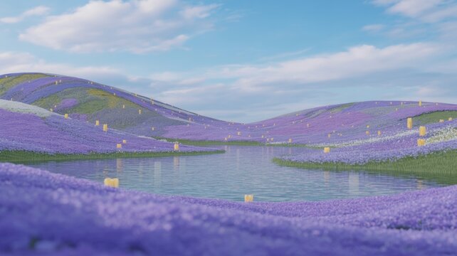 Serene purple flower hills surrounding tranquil blue lake with yellow tents under sunny sky