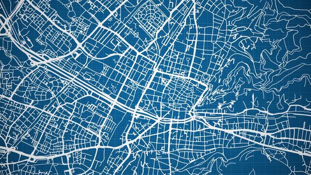 Ink reveal animation of Freiburg im Breisgau (Friburg im Brisgau) city, state of Baden-W&uuml;rttemberg, Germany, grid map. Aerial top view. Blueprint style. White lines with blue background. 4K Seamless l