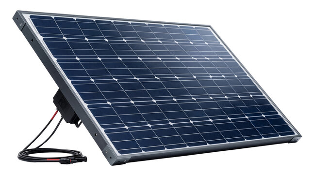 Portable solar panel for renewable energy, monocrystalline photovoltaic module on white background, sustainable power equipment for camping and outdoors