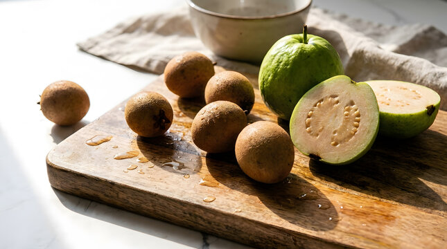 Fresh tropical fruits on wooden cutting board, raw sapodilla and sliced green guava, organic food photography stock illustration