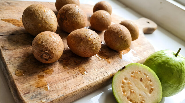 Fresh sapodilla fruits on rustic wooden cutting board, ripe brown sapota with guava slices, exotic tropical fruit composition for culinary design