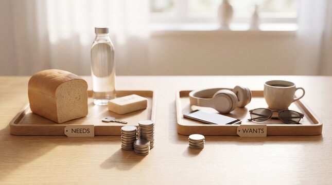 Wooden trays displaying items categorized as needs and wants with stacked coins on table