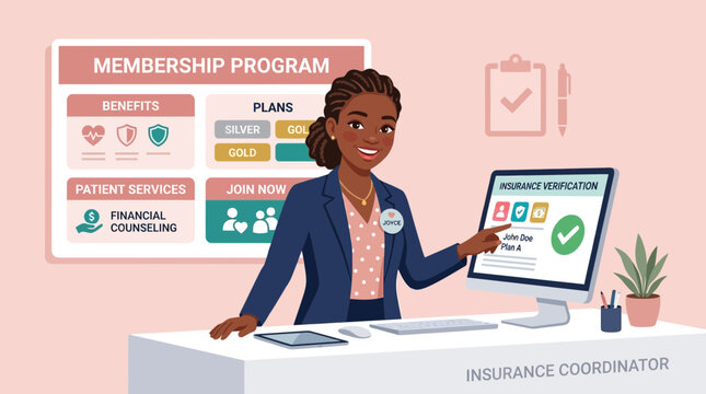 Insurance coordinator presenting membership program benefits on computer screen