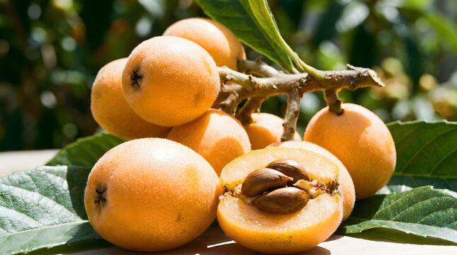 Fresh, ripe loquat fruit on a branch, vibrant orange loquats with green leaves, healthy exotic fruit for summer recipes and natural snacks