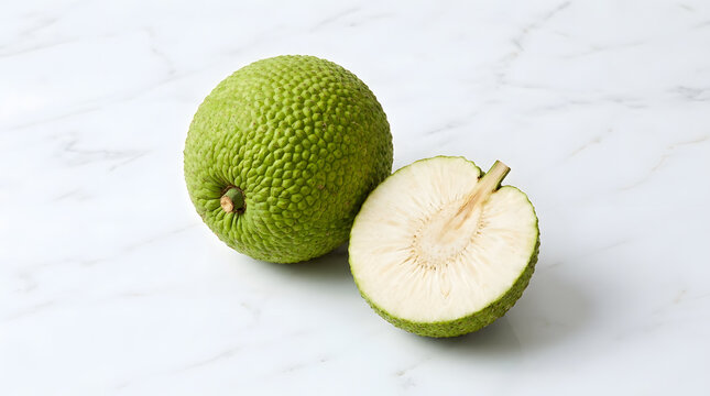 Whole and halved breadfruit on a white marble surface, tropical fruit with a textured green skin, a versatile ingredient for healthy cooking and exotic cuisine.
