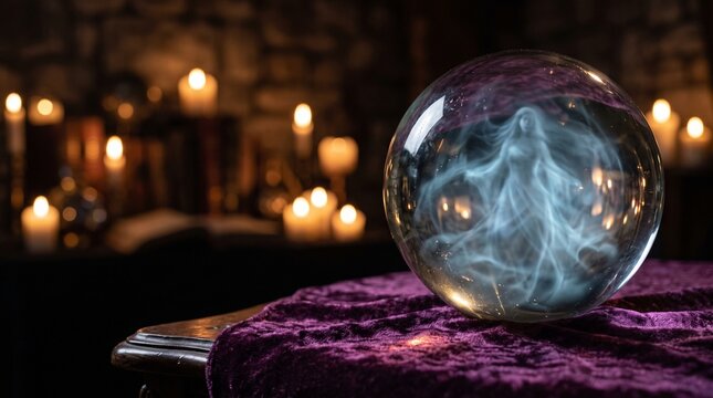 Mystical Crystal Ball Featuring Ethereal Smoke Spirits Resting on a Velvet Table in a Dark Ancient Library Setting